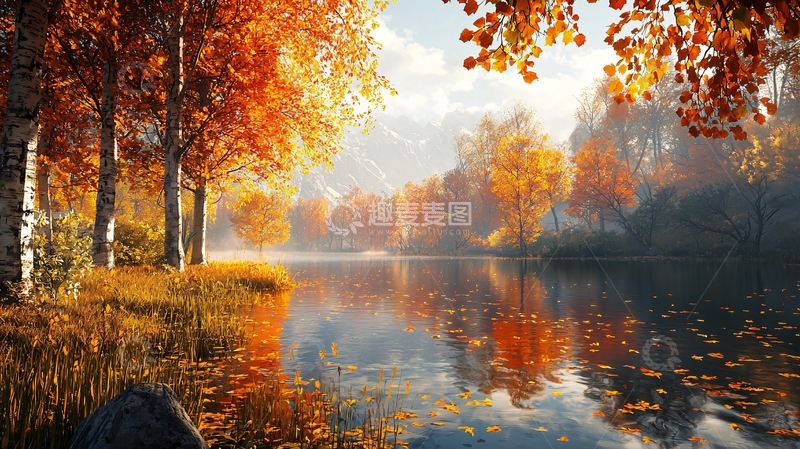 高清大图下载【趣麦麦图】秋日湖边树林景色