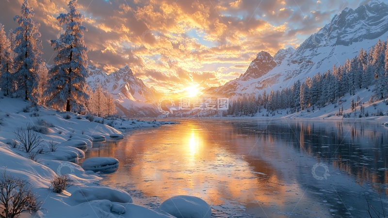 高清大图下载【趣麦麦图】雪山日落湖泊