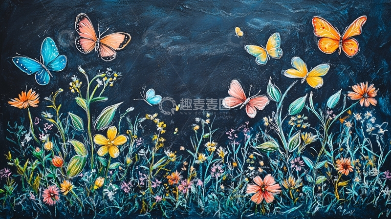 高清大图下载【趣麦麦图】暗蓝色背景彩绘蝴蝶花卉