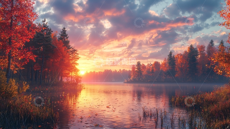 高清大图下载【趣麦麦图】秋日森林湖泊日落