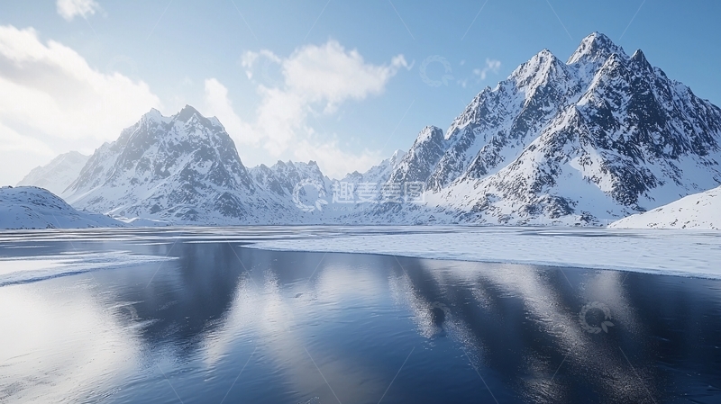 高清大图下载【趣麦麦图】冰雪覆盖的山脉与平静湖面