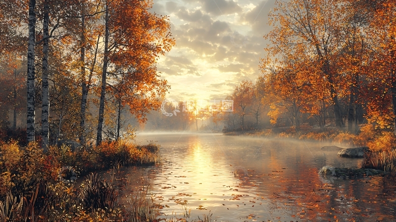 高清大图下载【趣麦麦图】秋日清晨湖边树林