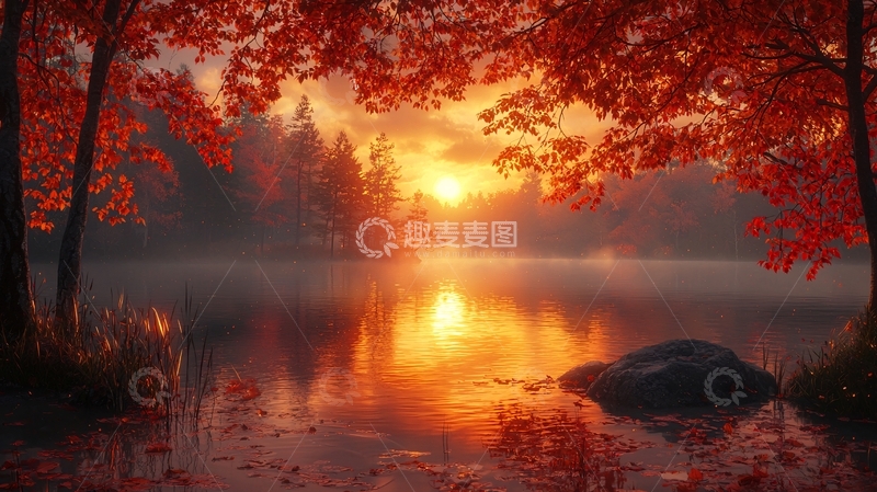 高清大图下载【趣麦麦图】秋日红枫湖面日落