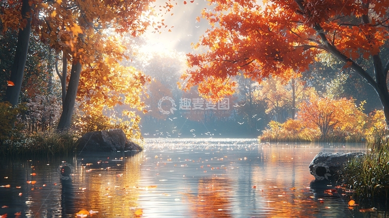 高清大图下载【趣麦麦图】秋日森林湖泊景色