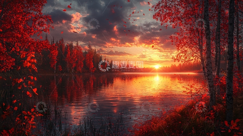 高清大图下载【趣麦麦图】秋日落日湖边红叶