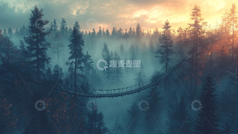高清大图下载【趣麦麦图】雾气森林吊桥日出
