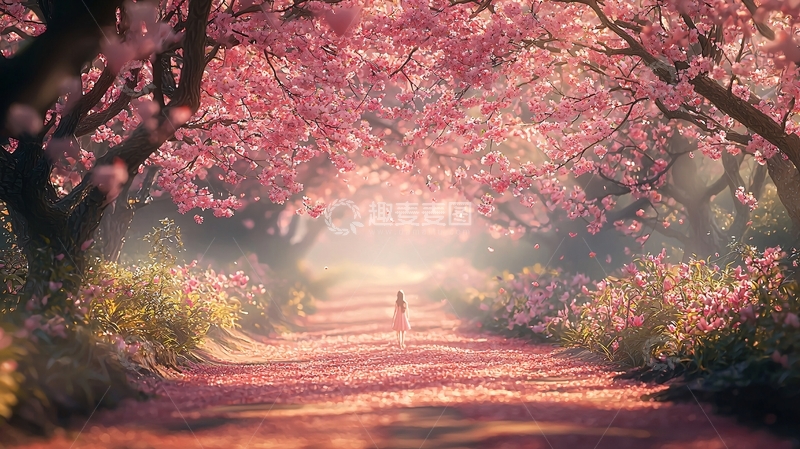 高清大图下载【趣麦麦图】粉色樱花树林小路