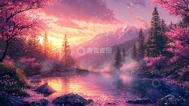 高清大图下载【趣麦麦图】梦幻粉色樱花山景