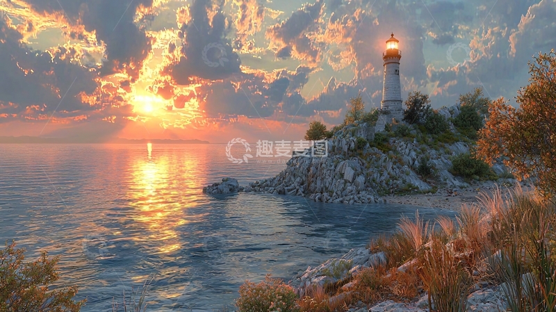 高清大图下载【趣麦麦图】日落海景灯塔