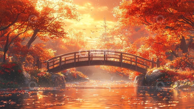 高清大图下载【趣麦麦图】秋日红叶小桥流水