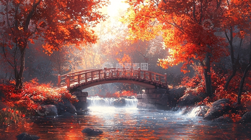 高清大图下载【趣麦麦图】秋日红枫桥流水