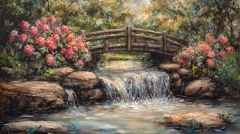 高清大图下载【趣麦麦图】小桥流水粉色花朵