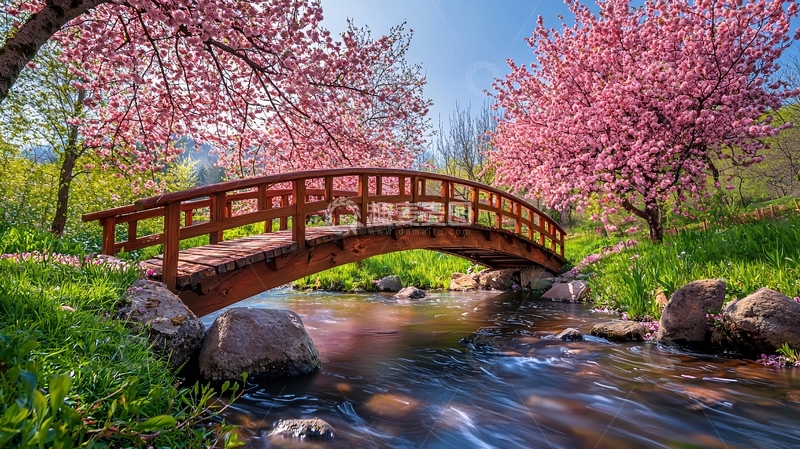 高清大图下载【趣麦麦图】春意盎然的粉色樱花小桥流水