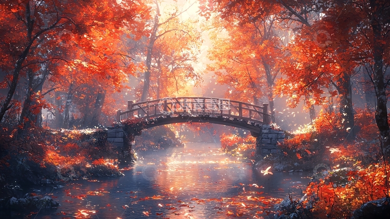 高清大图下载【趣麦麦图】秋日森林小桥流水