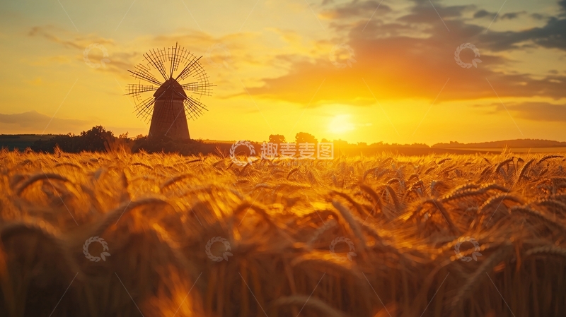 高清大图下载【趣麦麦图】夕阳下麦田里的风车