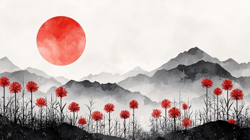 高清大图下载【趣麦麦图】红日山峦水墨画