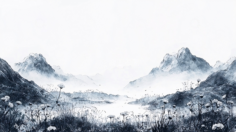 高清大图下载【趣麦麦图】极简水墨风山谷蒲公英