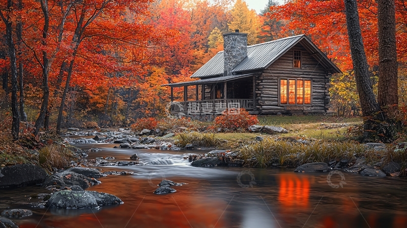 高清大图下载【趣麦麦图】秋日森林小木屋