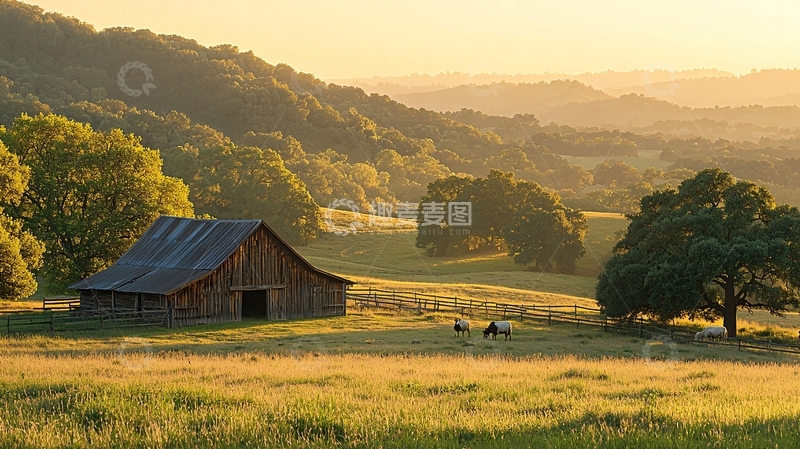 高清大图下载【趣麦麦图】乡间日出麦田木屋