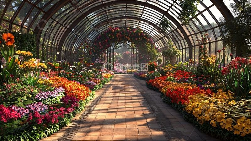 高清大图下载【趣麦麦图】阳光下的花房长廊