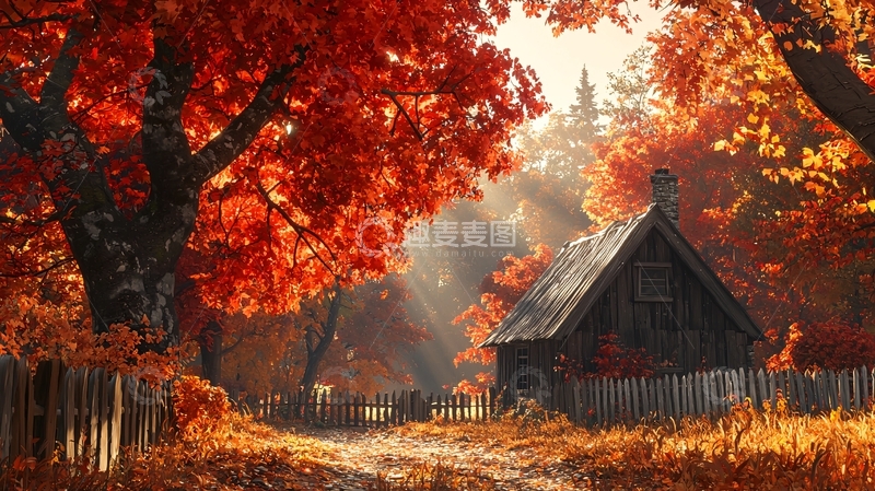 高清大图下载【趣麦麦图】秋日红叶小木屋