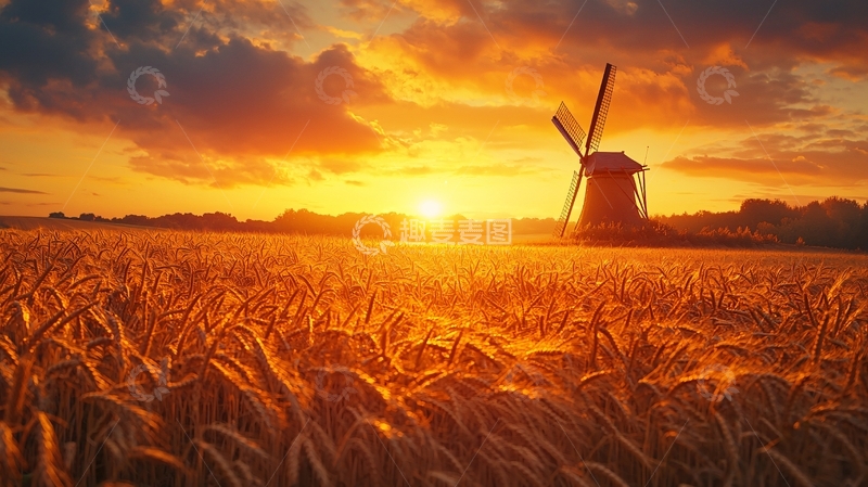 高清大图下载【趣麦麦图】日落麦田风车风景