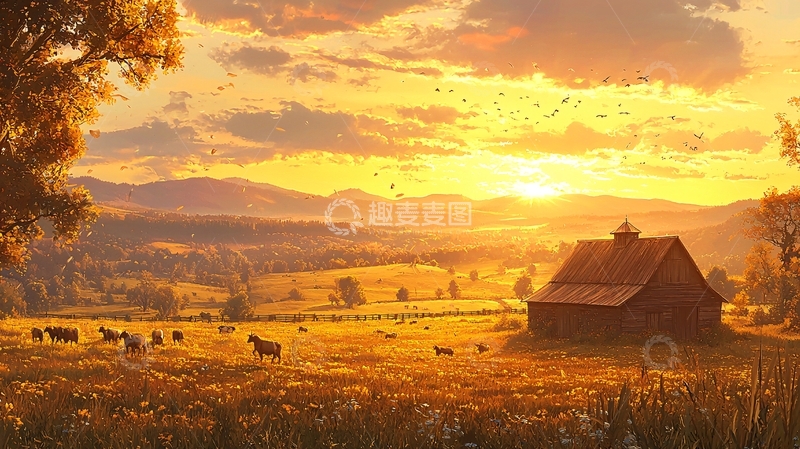 高清大图下载【趣麦麦图】田园风光夕阳美景