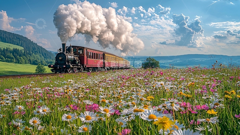 高清大图下载【趣麦麦图】蒸汽火车田园风光