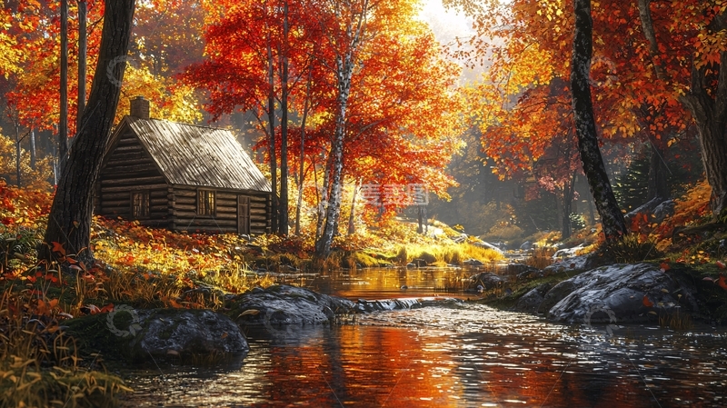 高清大图下载【趣麦麦图】秋季森林小屋