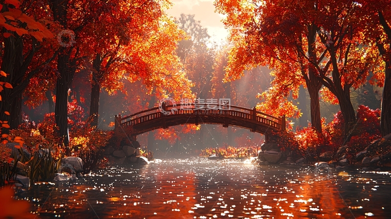 高清大图下载【趣麦麦图】秋日红叶森林小桥流水