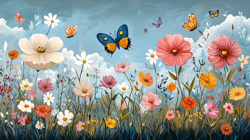 高清大图下载【趣麦麦图】彩色花田蝴蝶飞舞