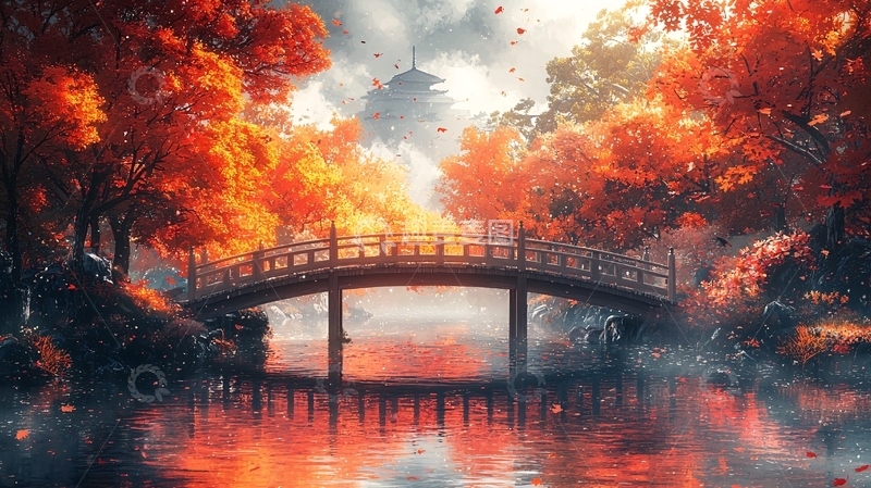高清大图下载【趣麦麦图】秋日红枫桥流水