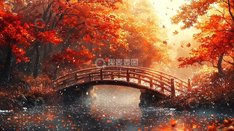 高清大图下载【趣麦麦图】秋日红叶小桥流水