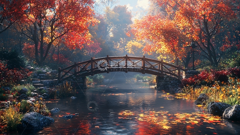 高清大图下载【趣麦麦图】秋日森林小桥流水