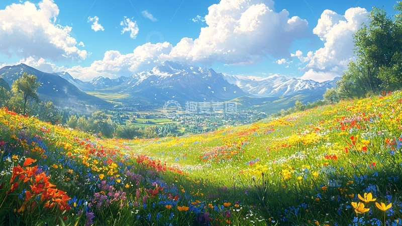 高清大图下载【趣麦麦图】阳光明媚的山谷花田