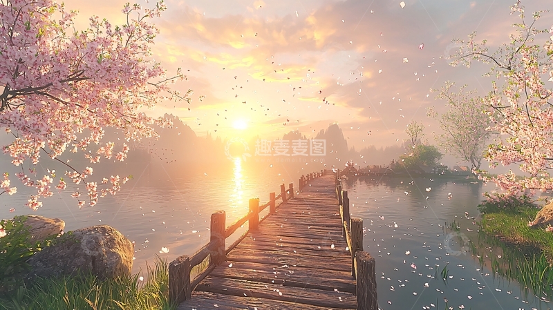 高清大图下载【趣麦麦图】唯美日落樱花桥