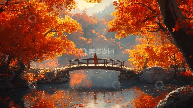 高清大图下载【趣麦麦图】秋日红叶小桥流水人家