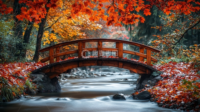 高清大图下载【趣麦麦图】秋日枫叶小桥流水