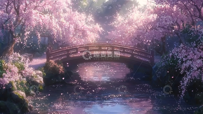 高清大图下载【趣麦麦图】樱花树下小桥流水