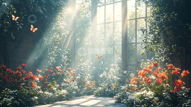 高清大图下载【趣麦麦图】阳光透过玻璃洒进花园