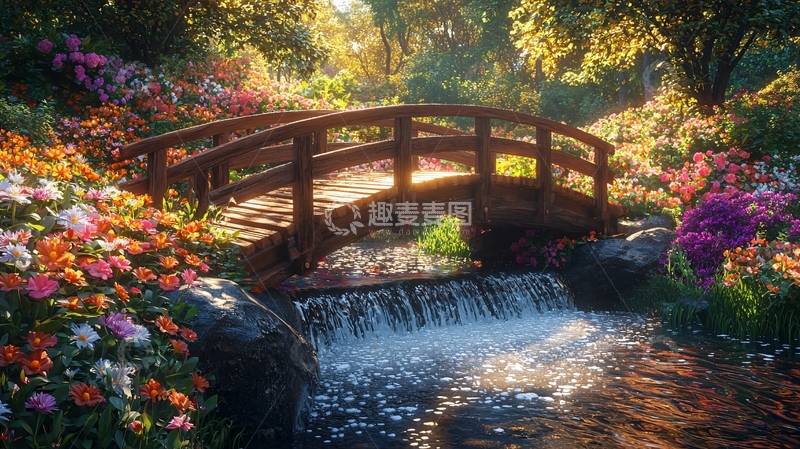 高清大图下载【趣麦麦图】阳光下的木桥流水花园