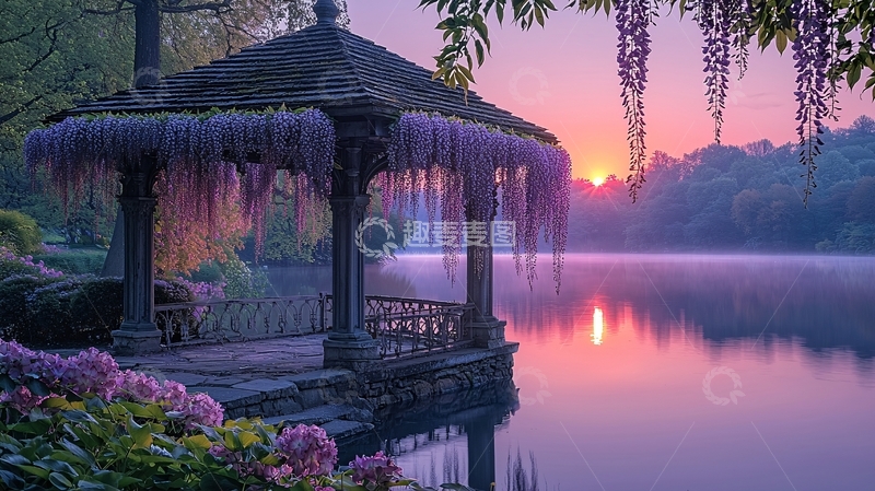 高清大图下载【趣麦麦图】紫藤花架日出湖景