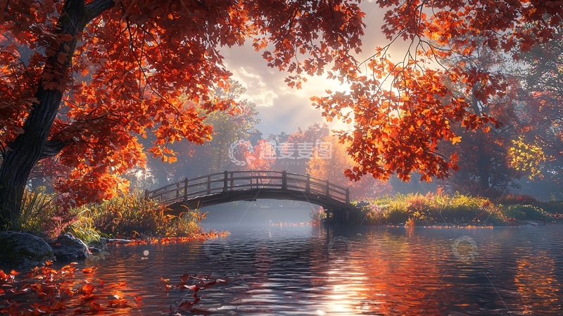 高清大图下载【趣麦麦图】秋日红叶桥边小景