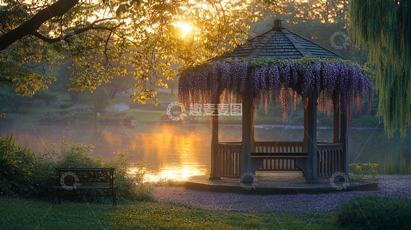 高清大图下载【趣麦麦图】清晨公园凉亭紫藤花