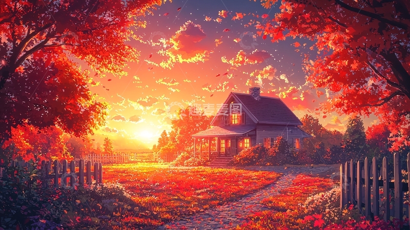 高清大图下载【趣麦麦图】夕阳下的田园小屋