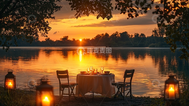 高清大图下载【趣麦麦图】湖边日落晚餐