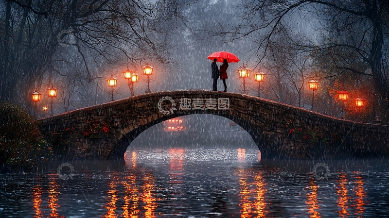 高清大图下载【趣麦麦图】雨中桥上情侣