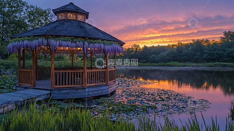 高清大图下载【趣麦麦图】夕阳西下湖边凉亭