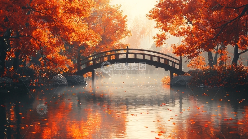 高清大图下载【趣麦麦图】秋日红枫桥流水