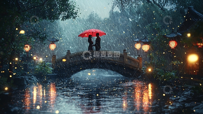 高清大图下载【趣麦麦图】雨中桥上情侣
